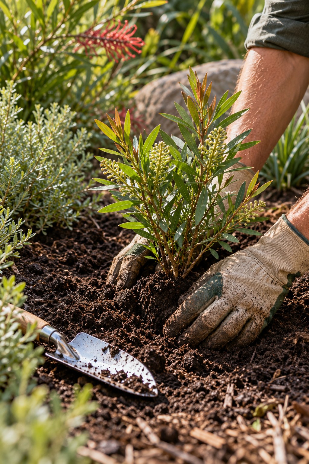 Gloved hands planting a native shrub in a garden bed