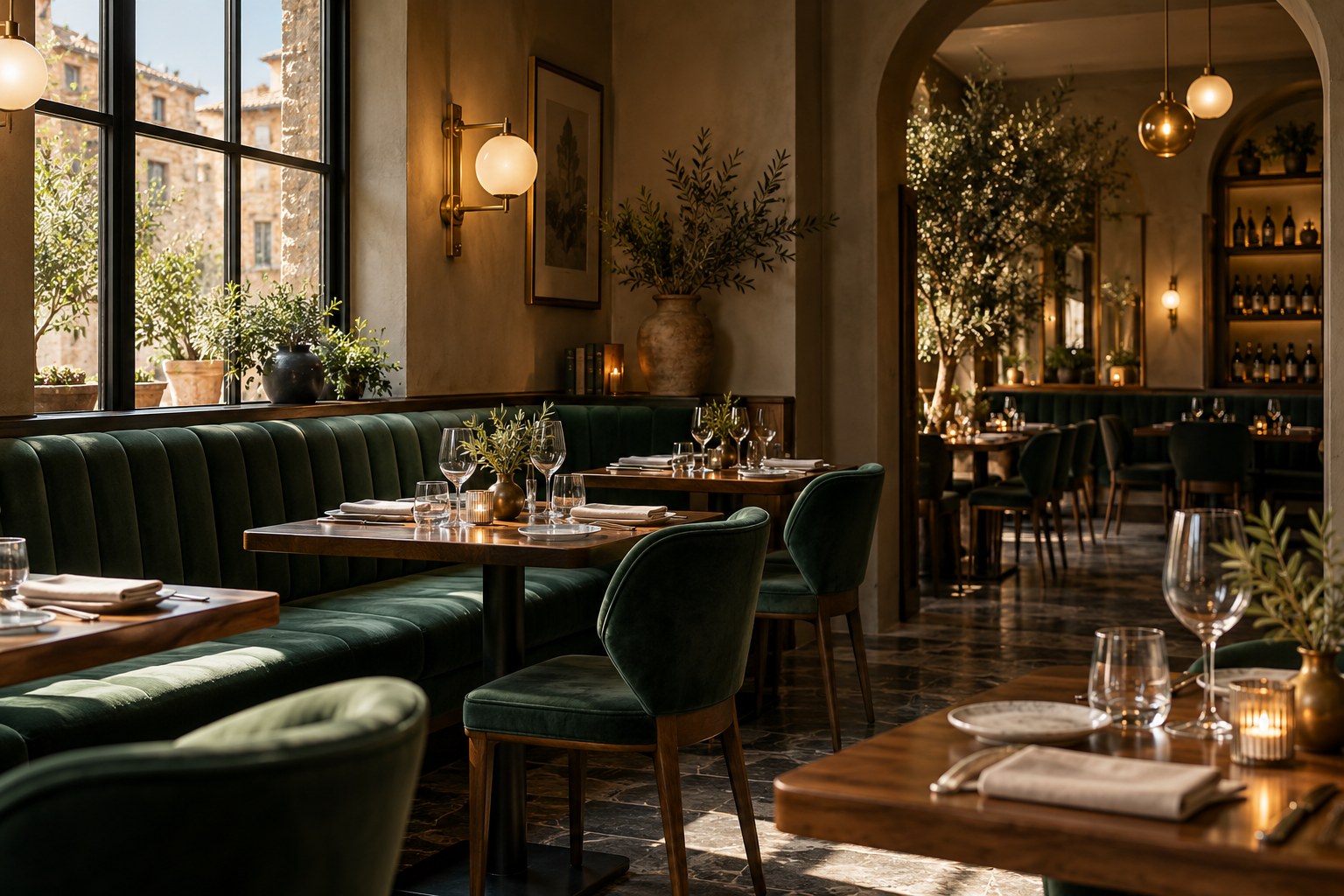 Warm lighting and intimate tables in the Olio restaurant concept